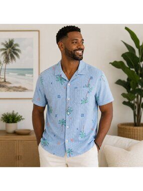 SAXX NWT Men's DropTemp Dry Resort Shirt Palm Tree Stripe M